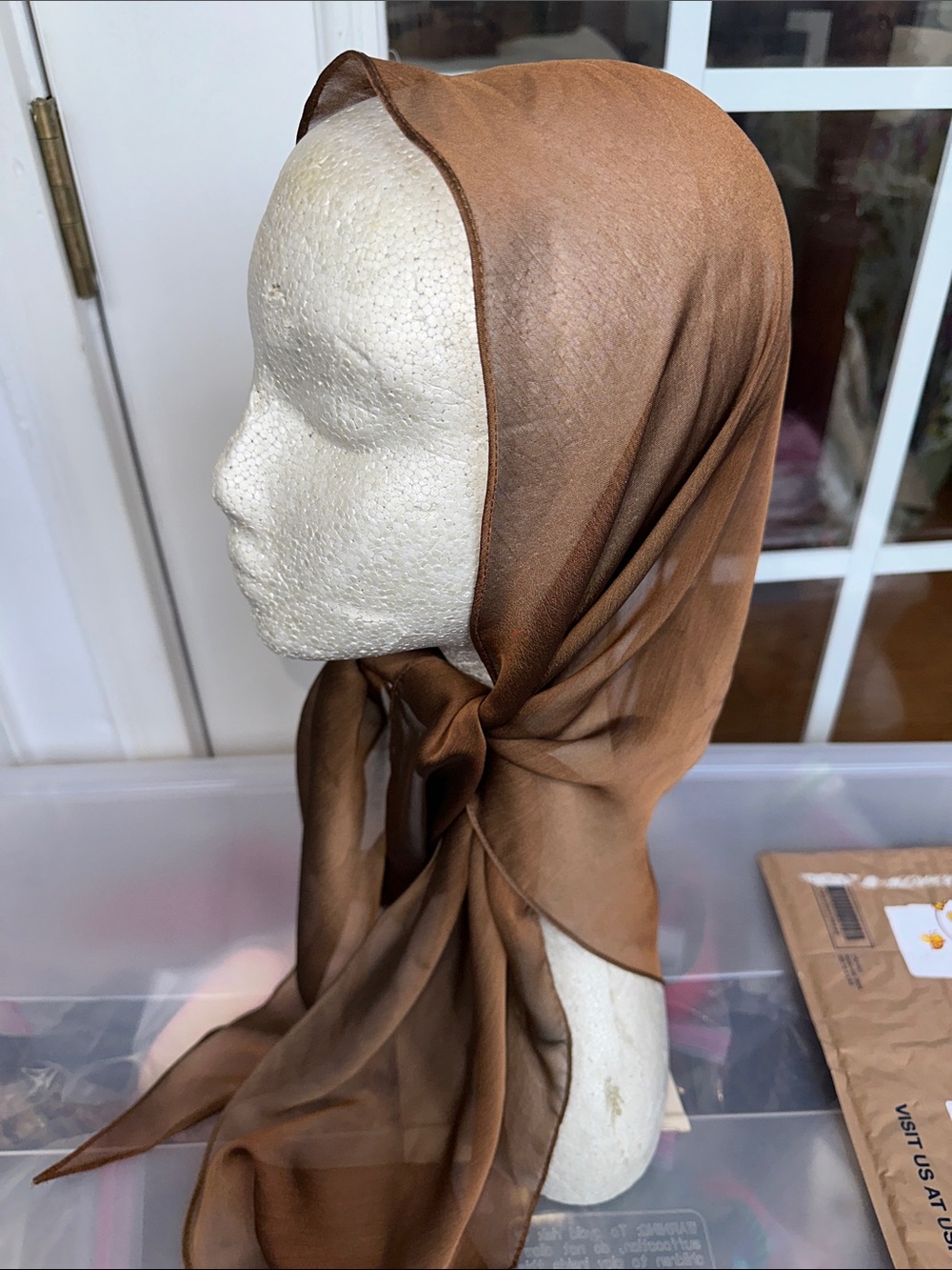 Vintage Mid Century Very Large Shimmery Brown Polyester Head Scarf
